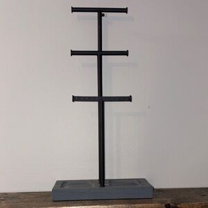Industrial Black Metal Jewelry T-Stand with Gray Wood Base